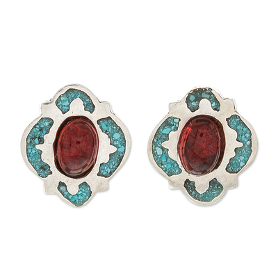 Garnet and Recon. Turquoise Stud Earrings from Mexico