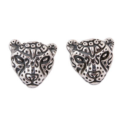 Stylized Sterling Silver Jaguar Button Earrings from Mexico