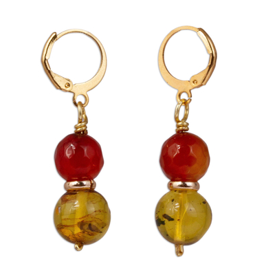 Gold Accented Agate and Amber Beaded Dangle Earrings