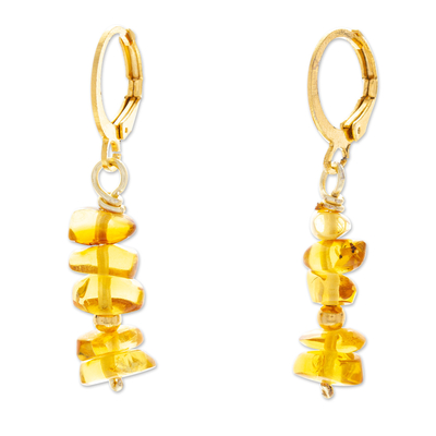 Gold Plated Natural Amber Beaded Dangle Earrings from Mexico