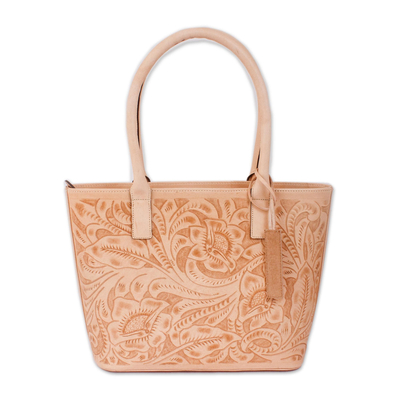 Floral Pattern Leather Shoulder Bag in Buff from Mexico
