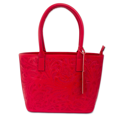 Floral Pattern Leather Shoulder Bag in Crimson from Mexico