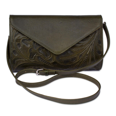 Floral Pattern Leather Handbag in Moss from Mexico