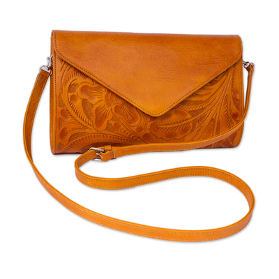 Floral Pattern Leather Handbag in Ginger from Mexico