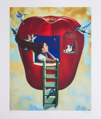 Signed Surrealist Print of a Girl in an Apple from Mexico