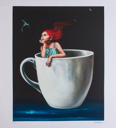 Signed Surrealist Print of a Girl in a Coffee Cup