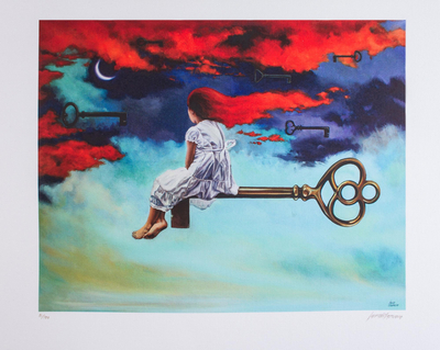 Signed Surrealist Print of a Girl on a Key from Mexico