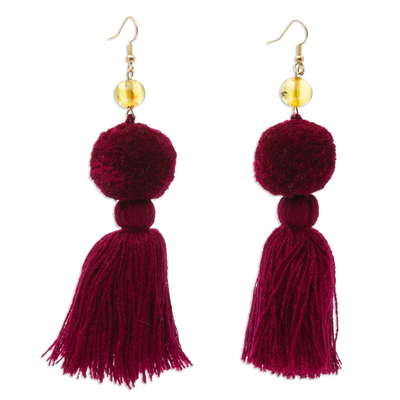 Amber and Cotton Dangle Earrings in Maroon from Mexico
