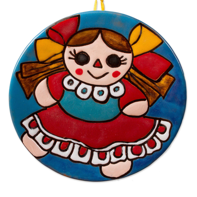 Ceramic Wall Art of a Maria Doll in a Red Dress from Mexico
