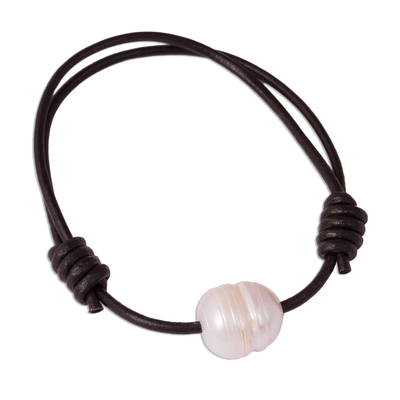 Cultured Pearl and Leather Pendant Bracelet from Mexico