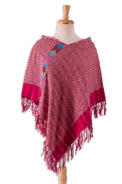 Cerise and Eggshell Cotton Poncho Crafted in Mexico