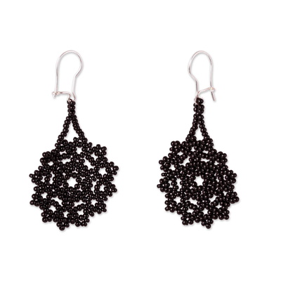 Black Floral Glass Beaded Dangle Earrings from Mexico