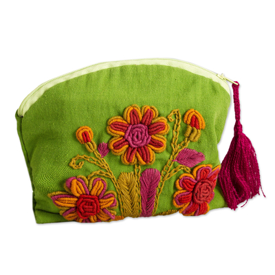 Floral Embroidered Cotton Clutch in Olive from Mexico