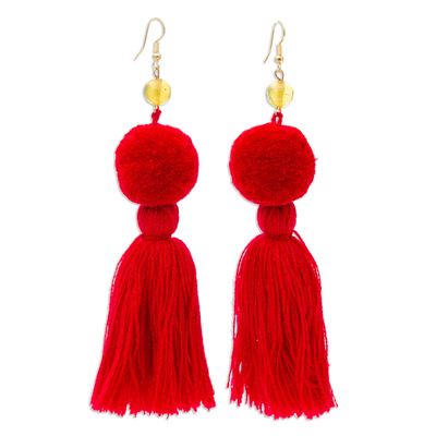 Amber Dangle Earrings with Claret Cotton Pompoms