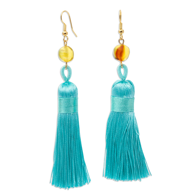 Amber Dangle Earrings with Aqua Tassels from Mexico