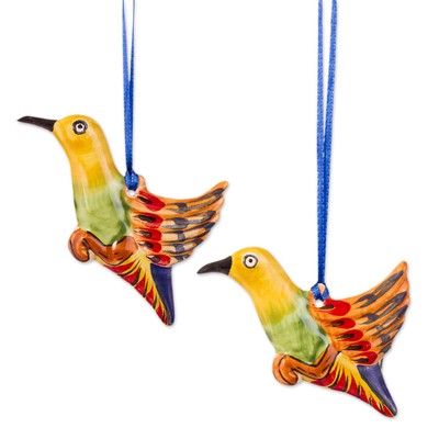 Colorful Ceramic Hummingbird Ornaments from Mexico (Pair)