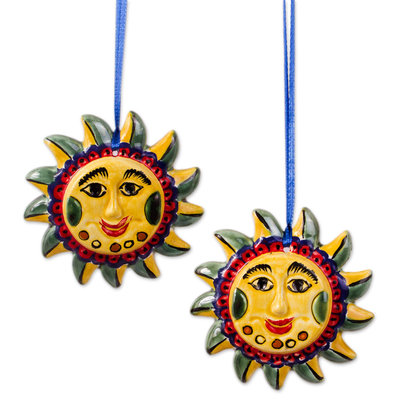 Artisan Crafted Ceramic Sun Ornament Pair from Mexico