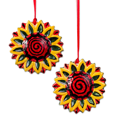 Artisan Crafted Ceramic Sunflower Ornaments (Pair)