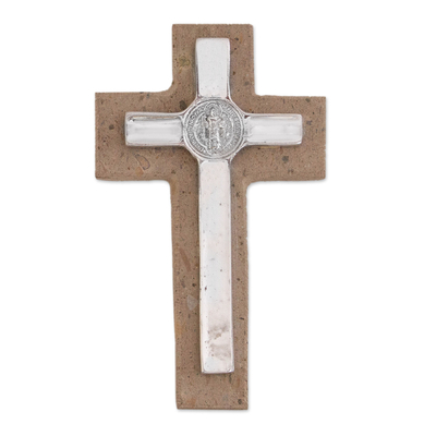 Saint Benedict Pewter and Reclaimed Stone Wall Cross