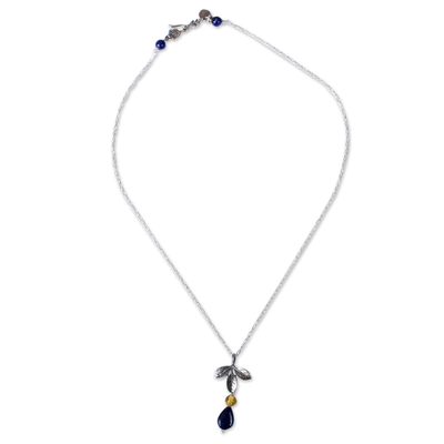 Leafy Lapis Lazuli and Amber Pendant Necklace from Mexico