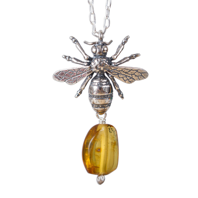 Bee-Themed Amber Pendant Necklace from Mexico