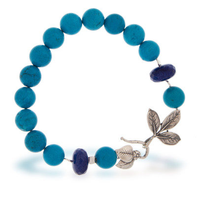 Leafy Turquoise and Lapis Lazuli Beaded Bracelet from Mexico
