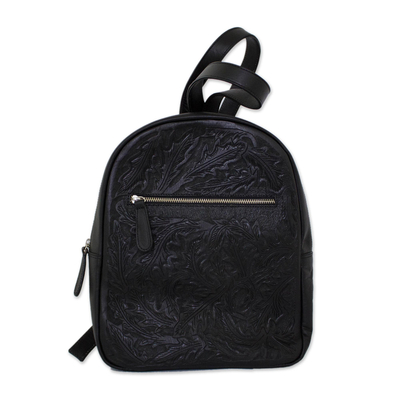 Floral Pattern Leather Backpack in Black from Mexico