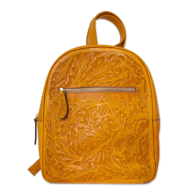 Floral Pattern Leather Backpack in Saffron from Mexico