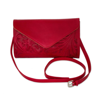 Floral Pattern Leather Handbag in Crimson from Mexico