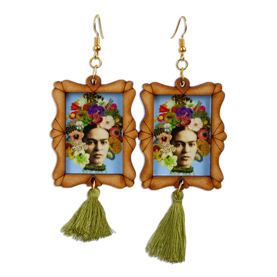 Handcrafted Frida Kahlo and Flowers Wood Dangle Earrings