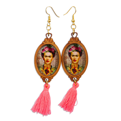 Handcrafted Frida Kahlo Sacred Heart Wood Dangle Earrings