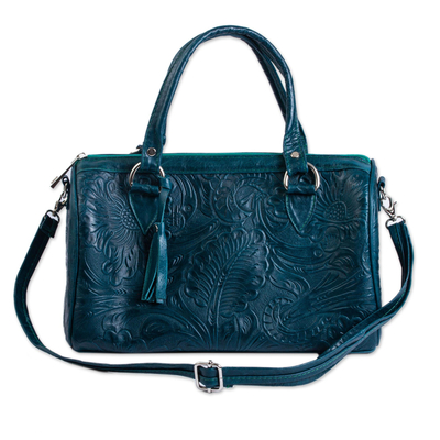 Floral and Leaf Pattern Leather Handbag in Pine Green