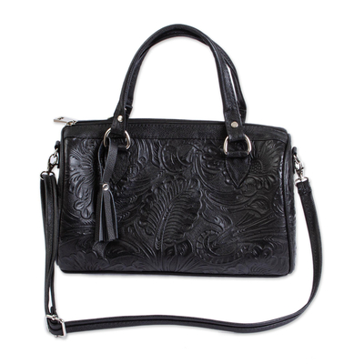Floral and Leaf Pattern Black Leather Handbag from Mexico