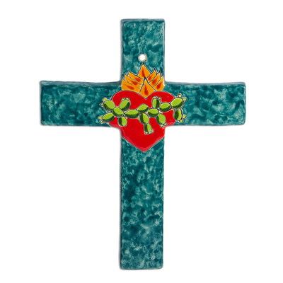 Signed Colorful Ceramic Wall Cross from Mexico