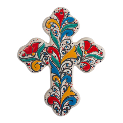 Handmade Ceramic Wall Cross with Colorful Motifs (8 Inch)