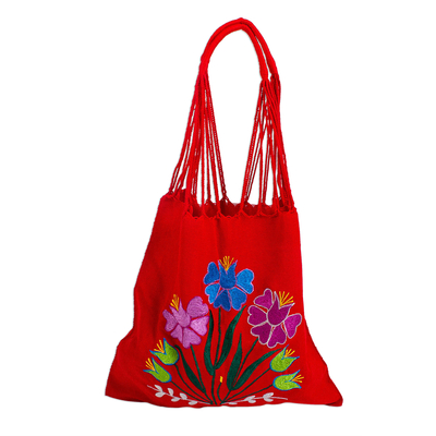 Bright Embroidered Handwoven Red Cotton Mexican Morral Tote
