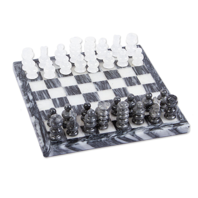 Mexican White Onyx and Charcoal Grey Marble Mini Chess Set