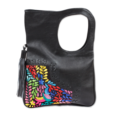 Embroidered Hummingbird Black Leather Handle Handbag
