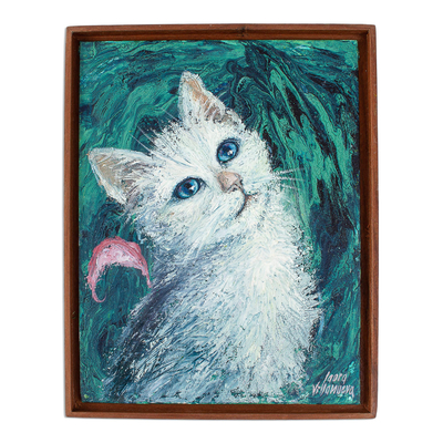 Framed Original Painting of White Cat