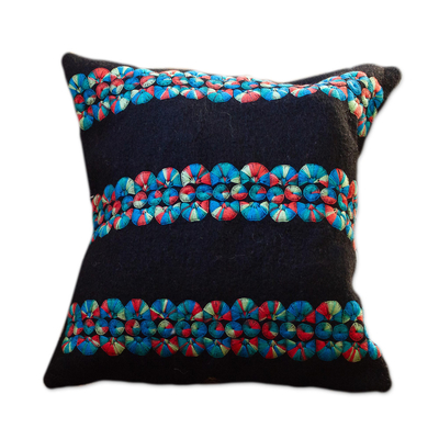 Black Wool Cushion Covers with Colorful Embroidery (Pair)