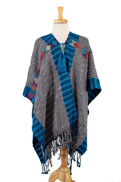 Black and White Cotton Poncho with Colorful Trim