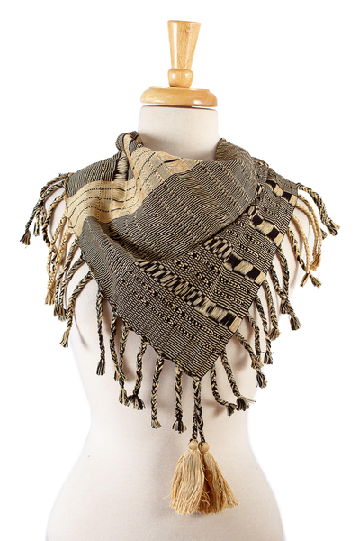 Artisan Crafted Beige and Black Patterned Cotton Scarf