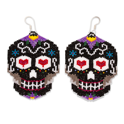 Beadwork Day of the Dead Black Skull Huichol Earrings