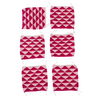 Set of 6 Hand Loomed Wool Coasters in Fuchsia and Pink
