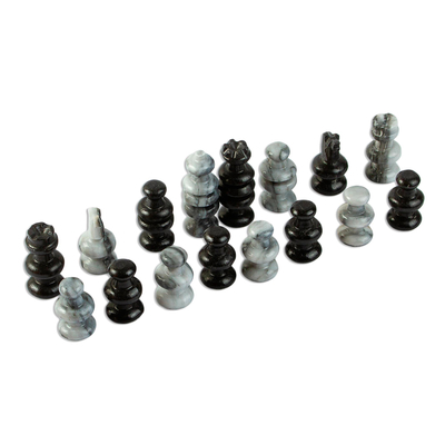 Hand Carved Grey Marble-Black Obsidian Chess Pieces Set