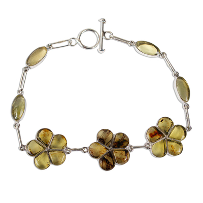 Amber Floral Bracelet with Sterling Silver Links