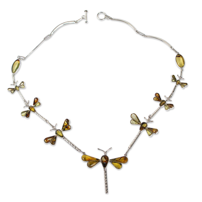 Genuine Amber and Sterling Silver Dragonfly Necklace