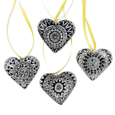 4 Zapotec Hand Painted Black and White Wood Heart Ornaments