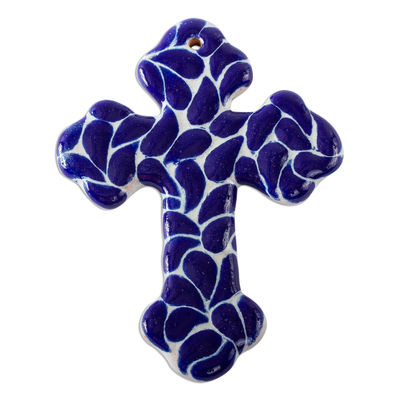Blue and Off White Talavera Style Ceramic Wall Cross