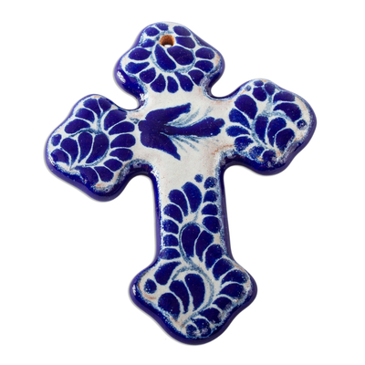 Handcrafted Talavera Style Blue and Off White Wall Cross